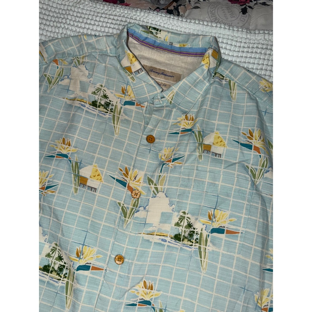 Tommy Bahama Button Down Shirt Mens XL Blue Tropical Silk Cotton Original Fit